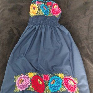 Hand Stitched Mexican Dark Blue Dress with Flower Embroidery